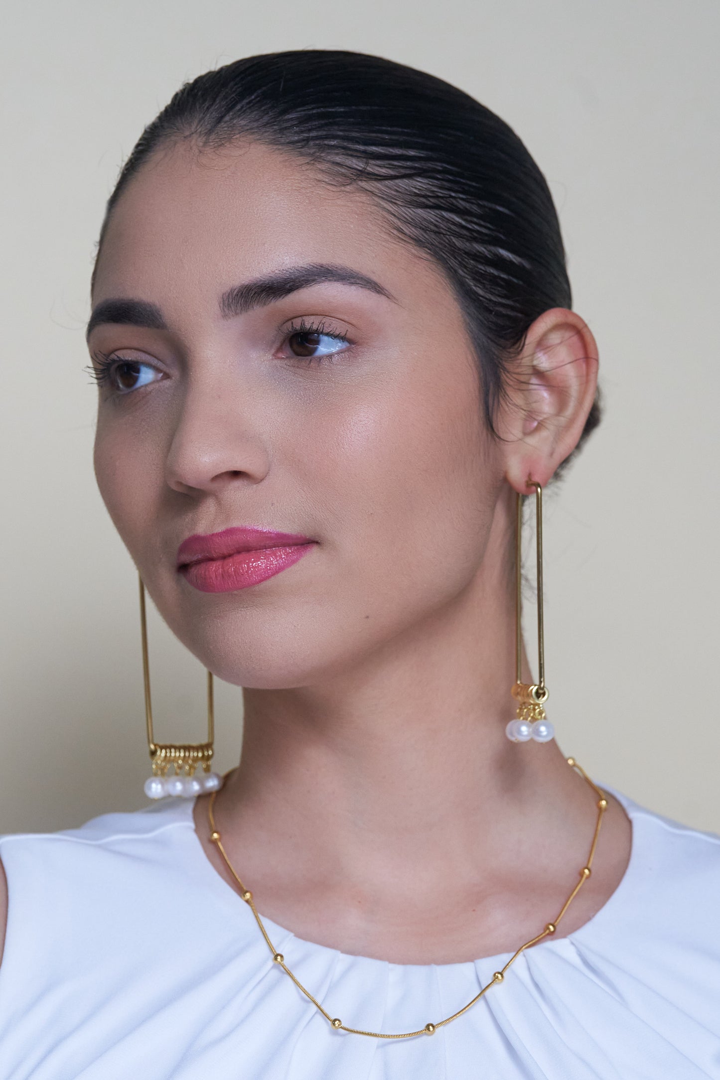Rectangle Pearl Dangle Hoops