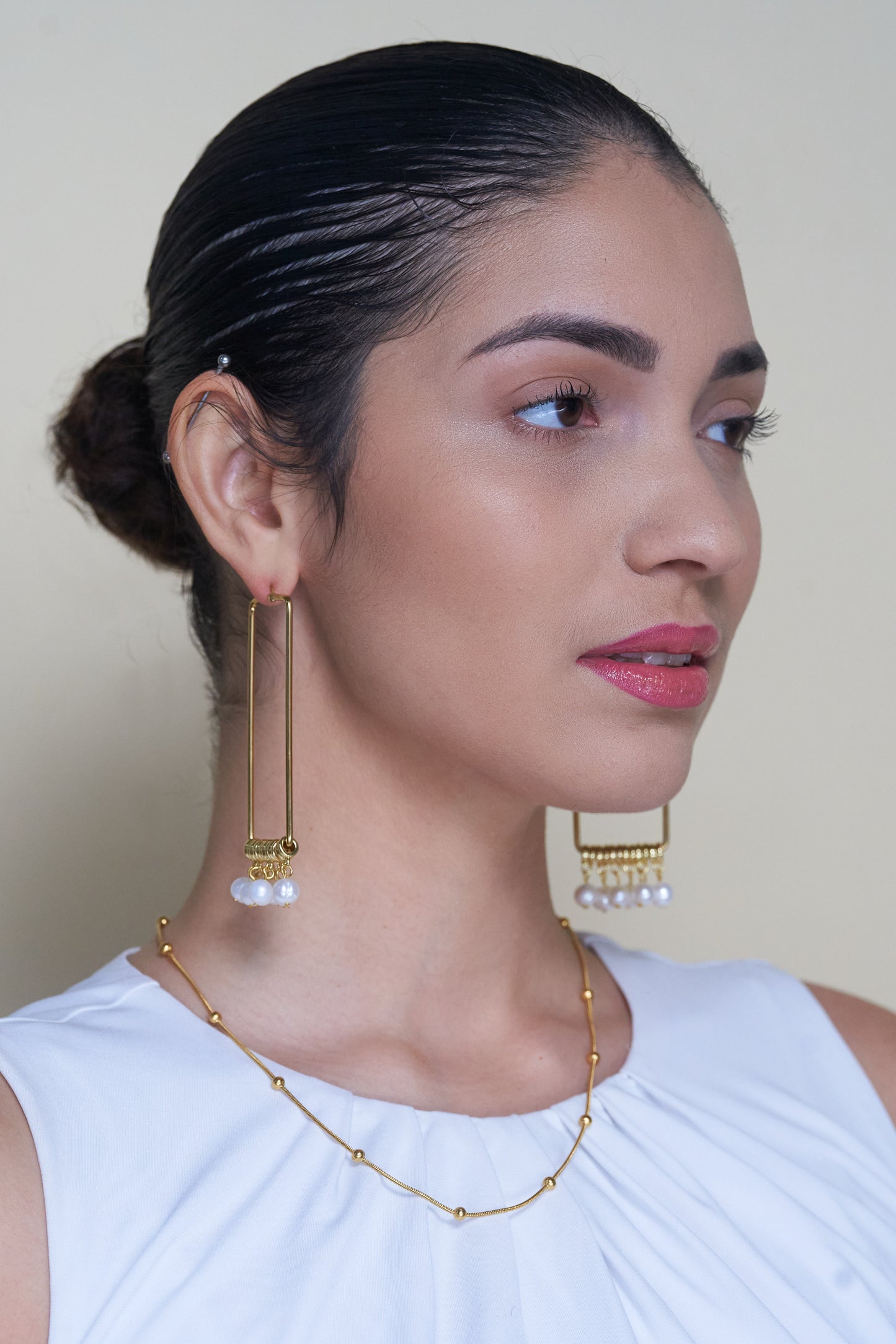 Rectangle Pearl Dangle Hoops