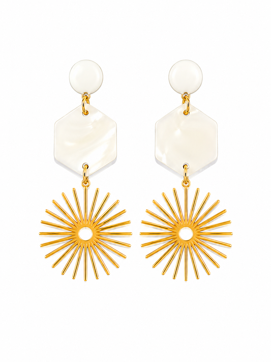 White Shell & Gold Sunburst Earrings
